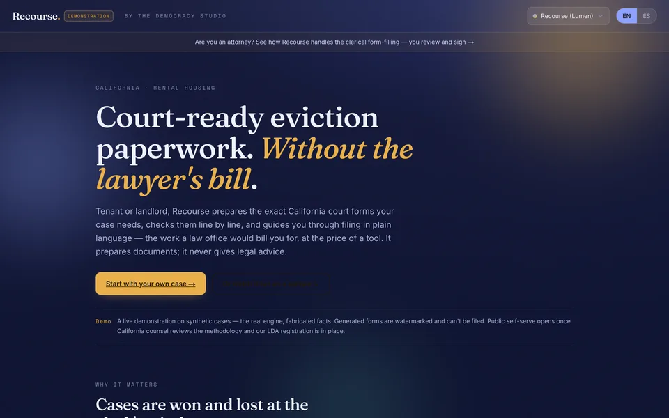 Recourse's landing page for renters and small landlords.